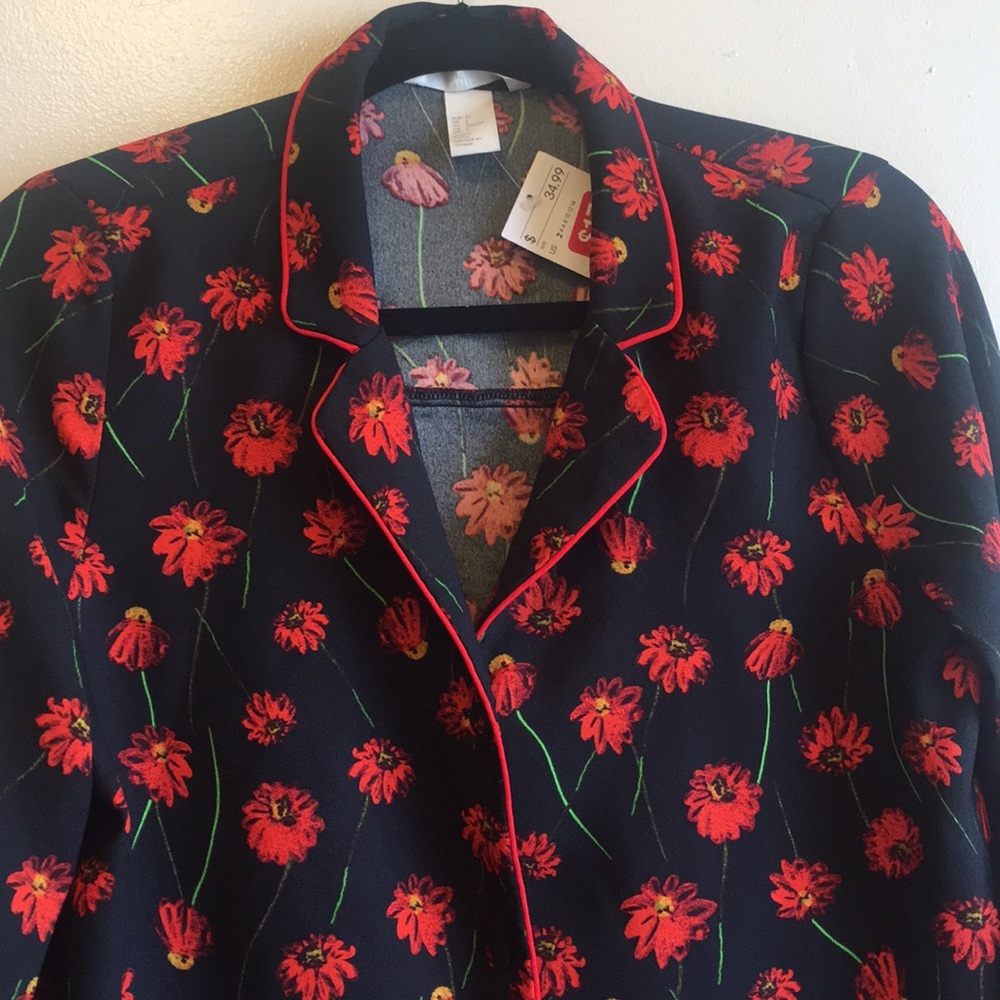 H&M Navy and Red Floral PJ Style Button Up Blouse - Picture 3 of 5